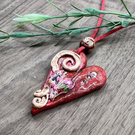 Heart's Delight | Red Heart-Shaped Polymer Clay Pendant Necklace