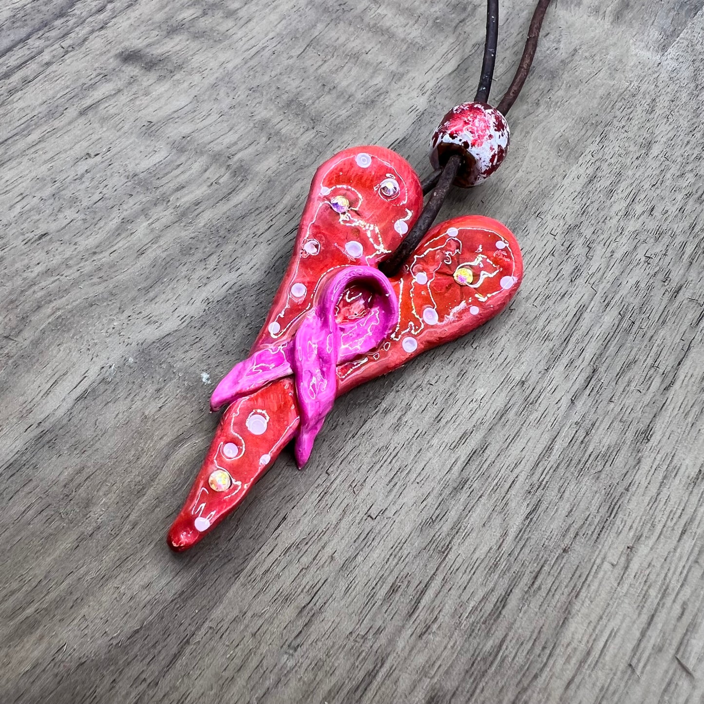 Empowerment | Breast Cancer Awareness Red and Pink Heart-Shaped Polymer Clay Necklace Pendant