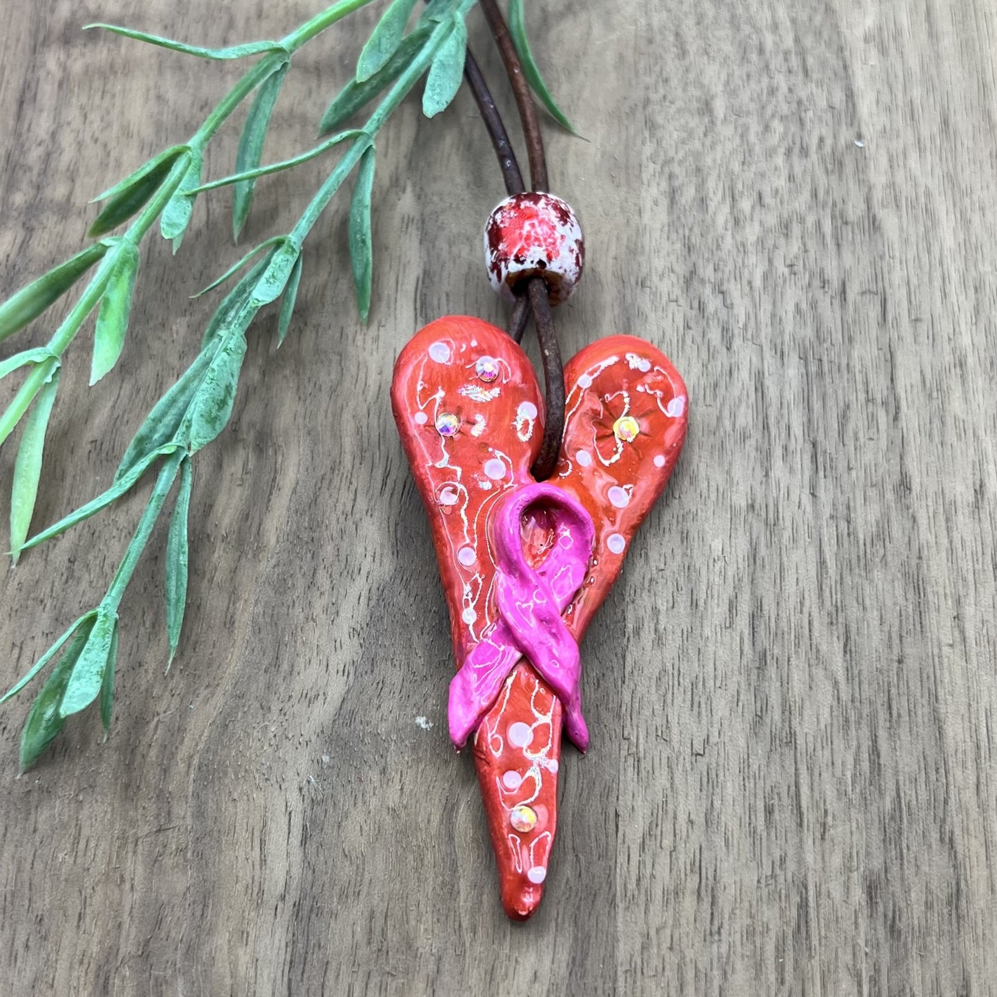 Empowerment | Breast Cancer Awareness Red and Pink Heart-Shaped Polymer Clay Necklace Pendant