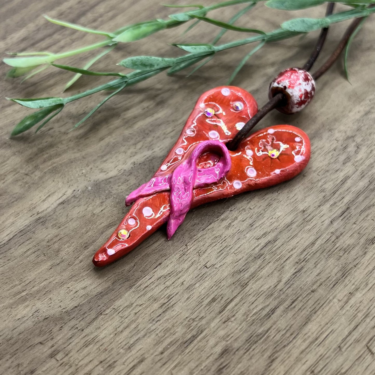 Empowerment | Breast Cancer Awareness Red and Pink Heart-Shaped Polymer Clay Necklace Pendant