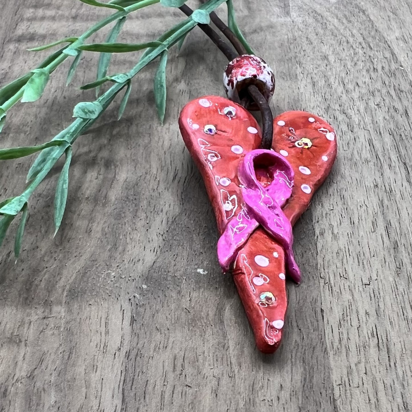 Empowerment | Breast Cancer Awareness Red and Pink Heart-Shaped Polymer Clay Necklace Pendant