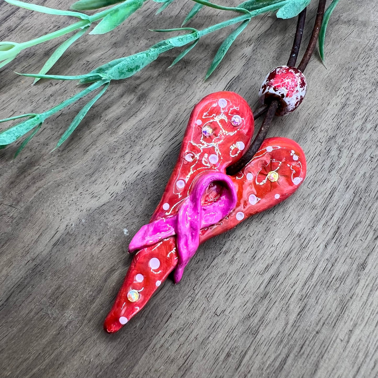 Empowerment | Breast Cancer Awareness Red and Pink Heart-Shaped Polymer Clay Necklace Pendant